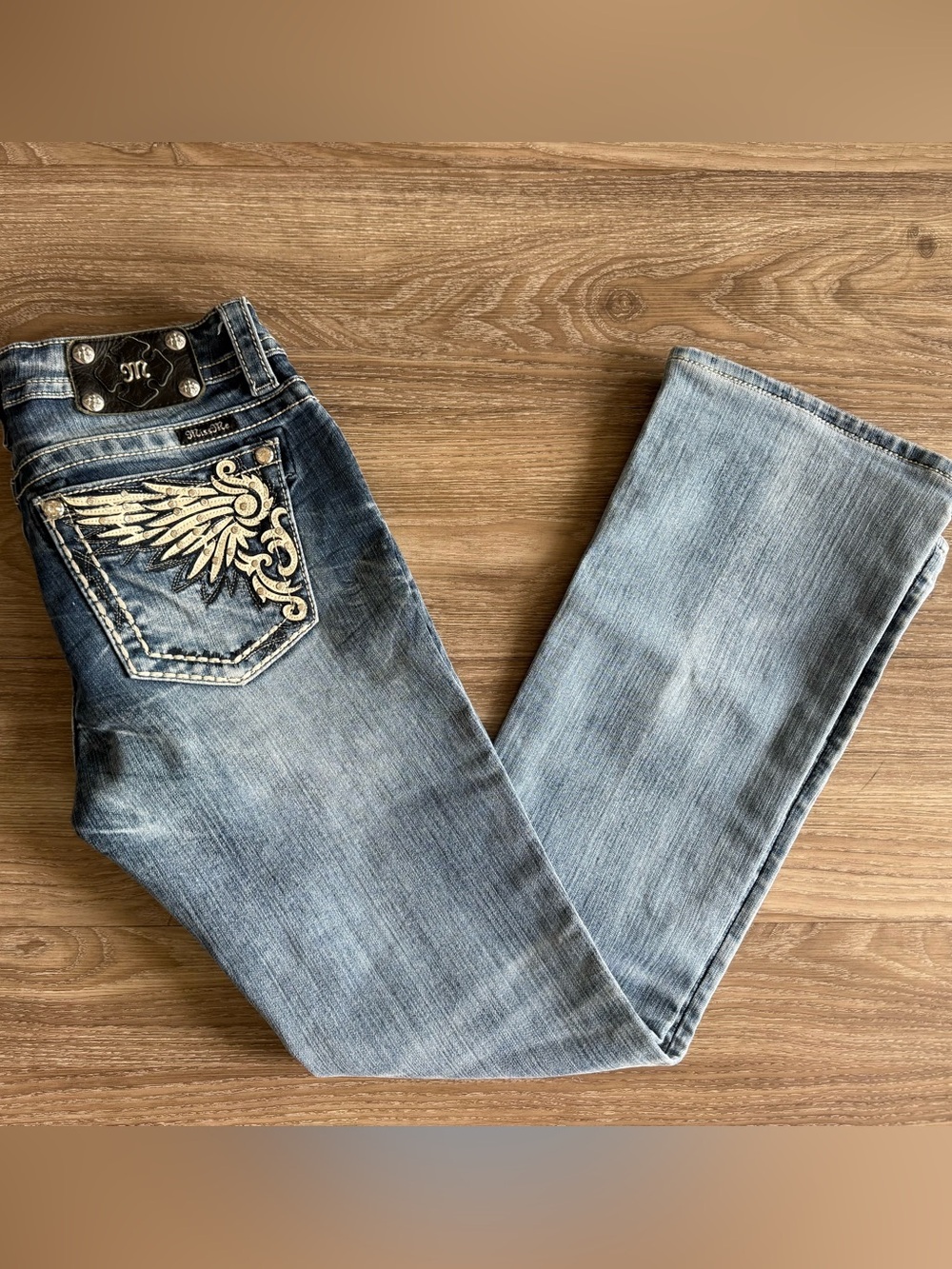 Miss Me Light Blue Straight Leg Jeans with Embroidered Wing Pocket Size 29 x 30